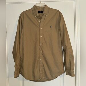 Tan brown khaki long sleeve button up polo Ralph Lauren dress shirt w/ navy logo